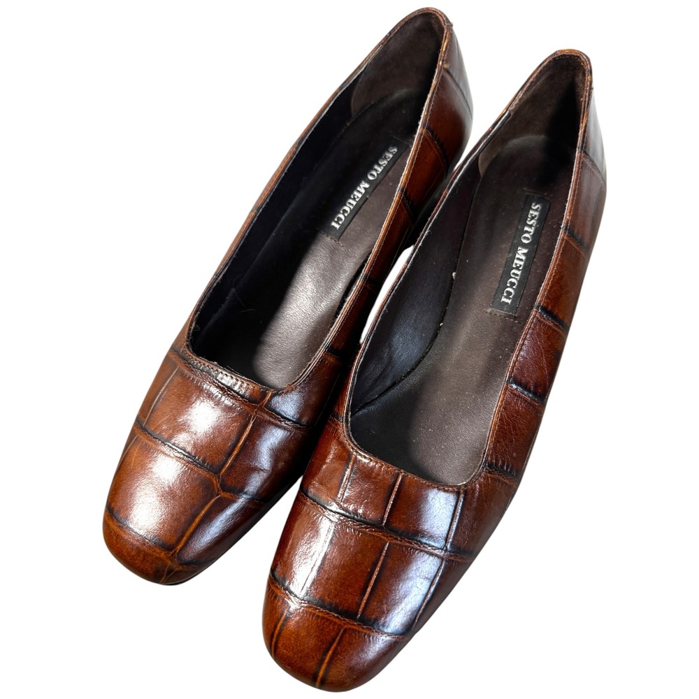 Sesto Meucci Brown Croc Embossed Leather Square Toe Block Heel Pumps 7.5 N Italy
